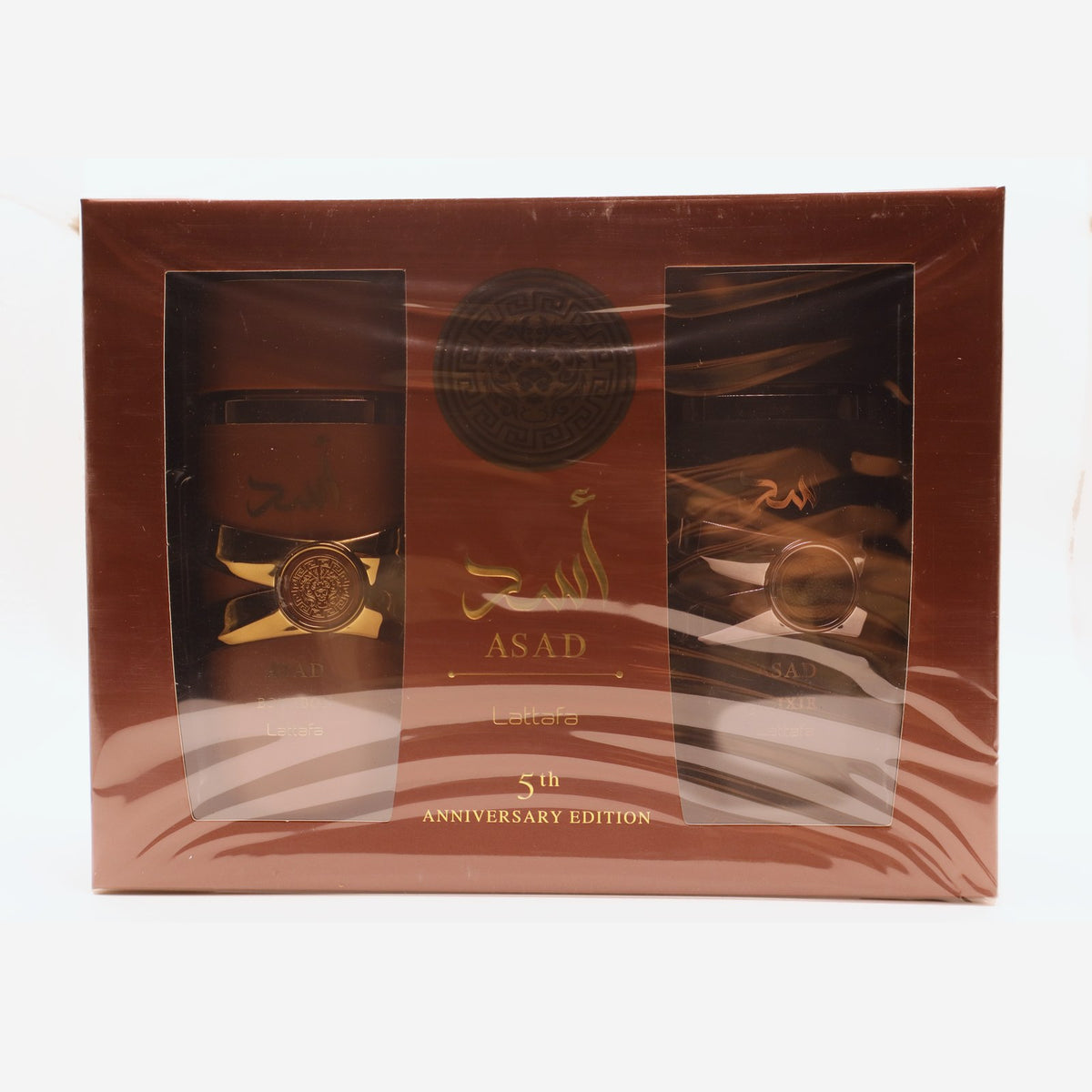 Lattafa Asad 5th Anniversary gift set box, photographed at the Sheikh Scents shop