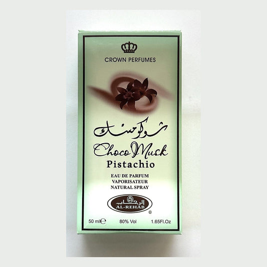 Al Rehab Choco Musk Pistachio 50ml box, photographed at the Sheikh Scents shop