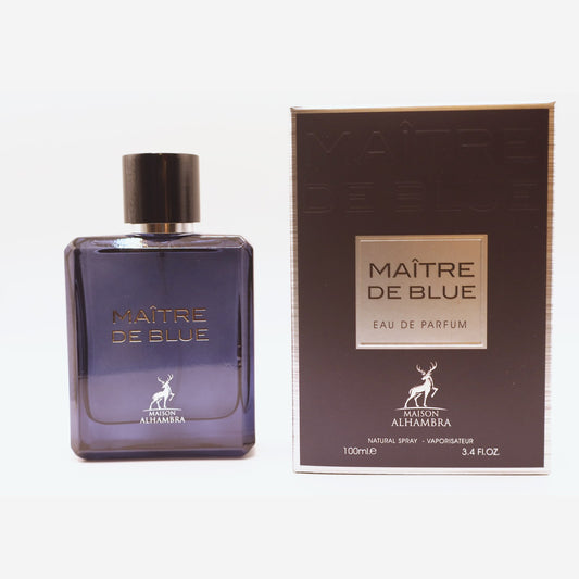 Maison Alhambra Maitre De Blue bottle and box, photographed at the Sheikh Scents shop