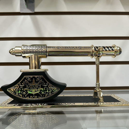 J. Junaid Jamshed Savasci axe-shaped bottle on its stand, photographed at the Sheikh Scents shop
