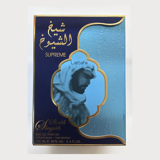 Lattafa Sheikh Al Shuyukh Supreme box, photographed at the Sheikh Scents shop