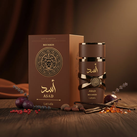 Asad perfume bottle and packaging on a brown background