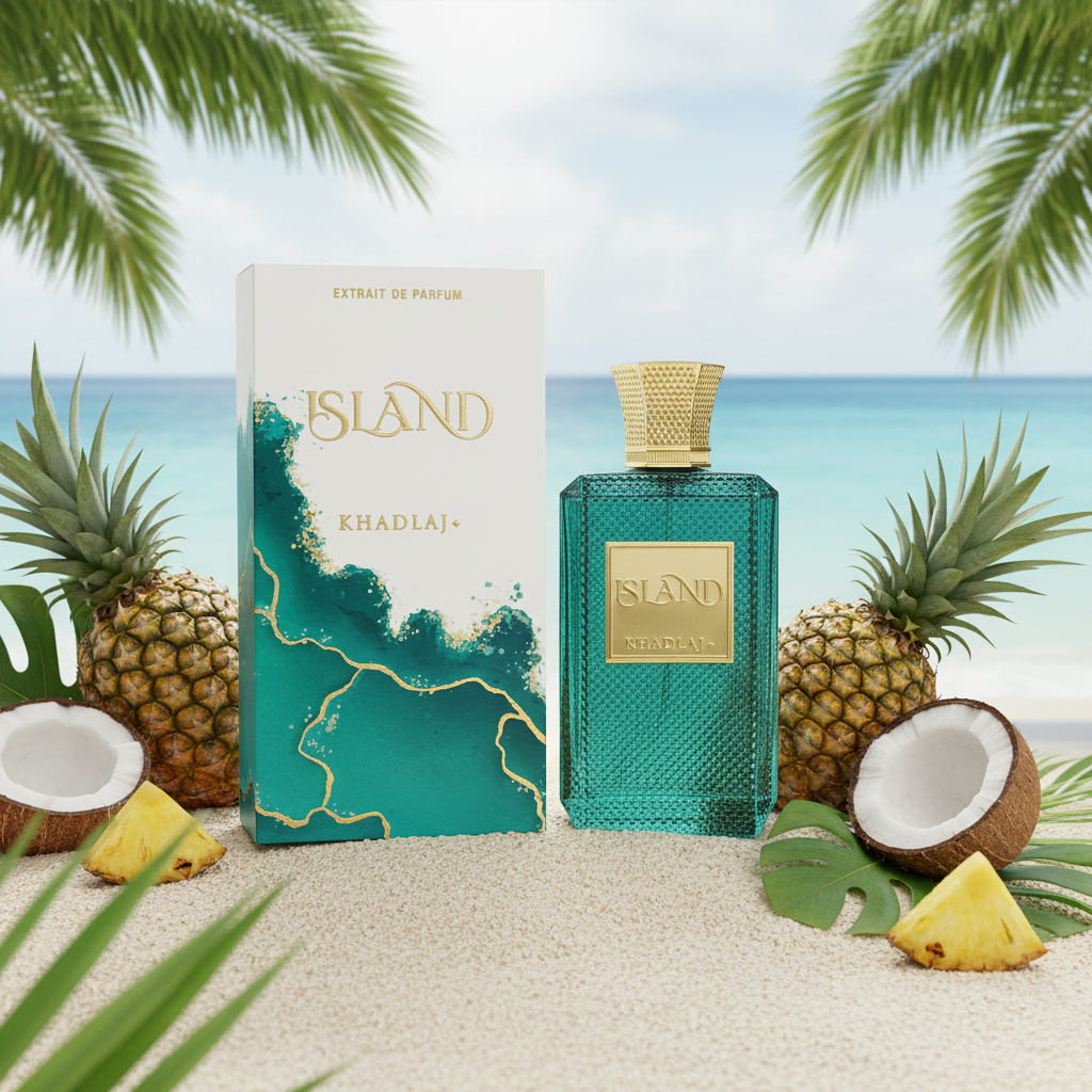 Perfume bottle and packaging with tropical elements on a beach background