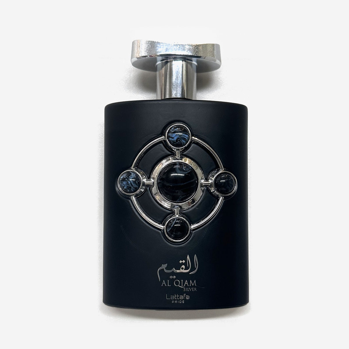 Lattafa Pride Al Qiam Silver bottle, matte black with a silver emblem
