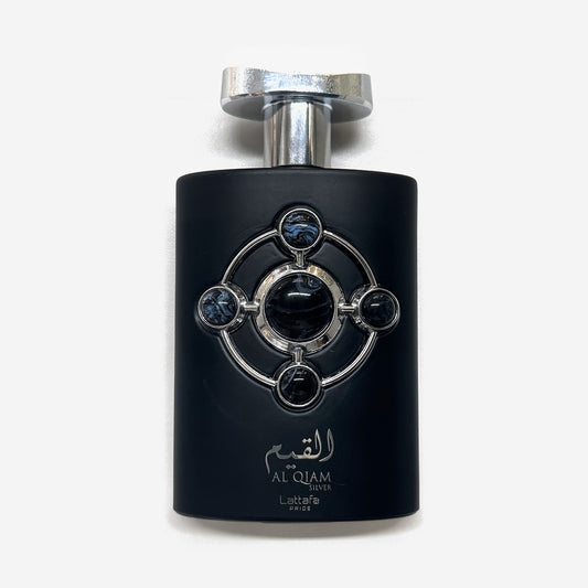 Lattafa Pride Al Qiam Silver bottle, matte black with a silver emblem