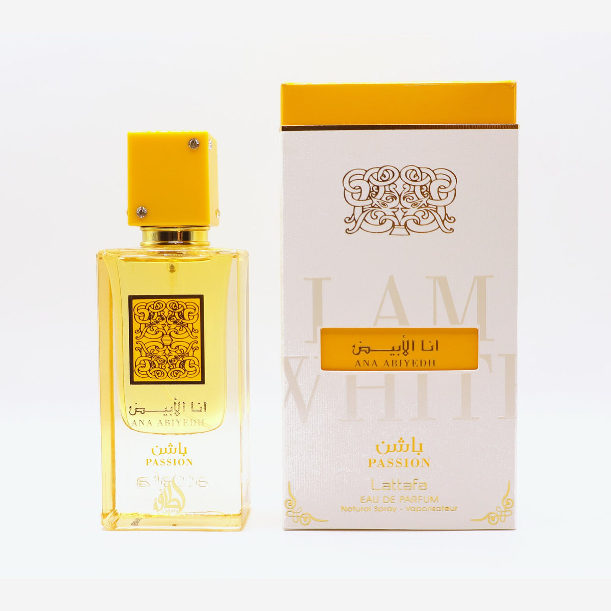 Lattafa Ana Abiyedh Passion bottle and box, photographed at the Sheikh Scents shop
