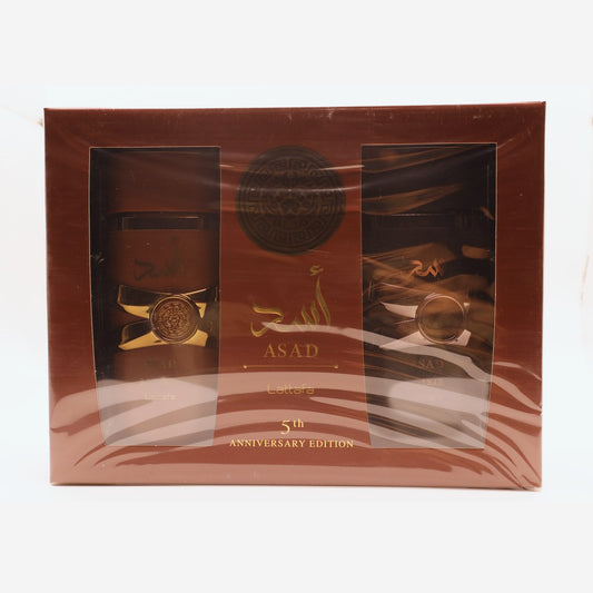 Lattafa Asad 5th Anniversary gift set box, photographed at the Sheikh Scents shop