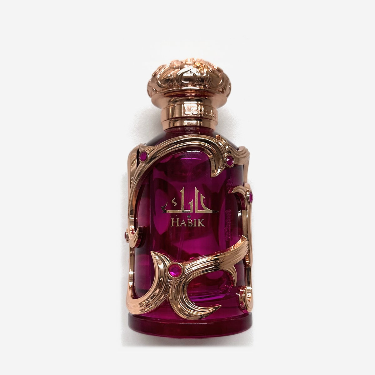 Lattafa Habik for Women bottle, fuchsia glass with a rose gold cage