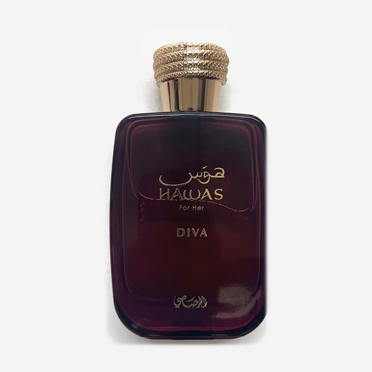 Rasasi Hawas Diva for Her bottle, deep plum glass with a gold cap