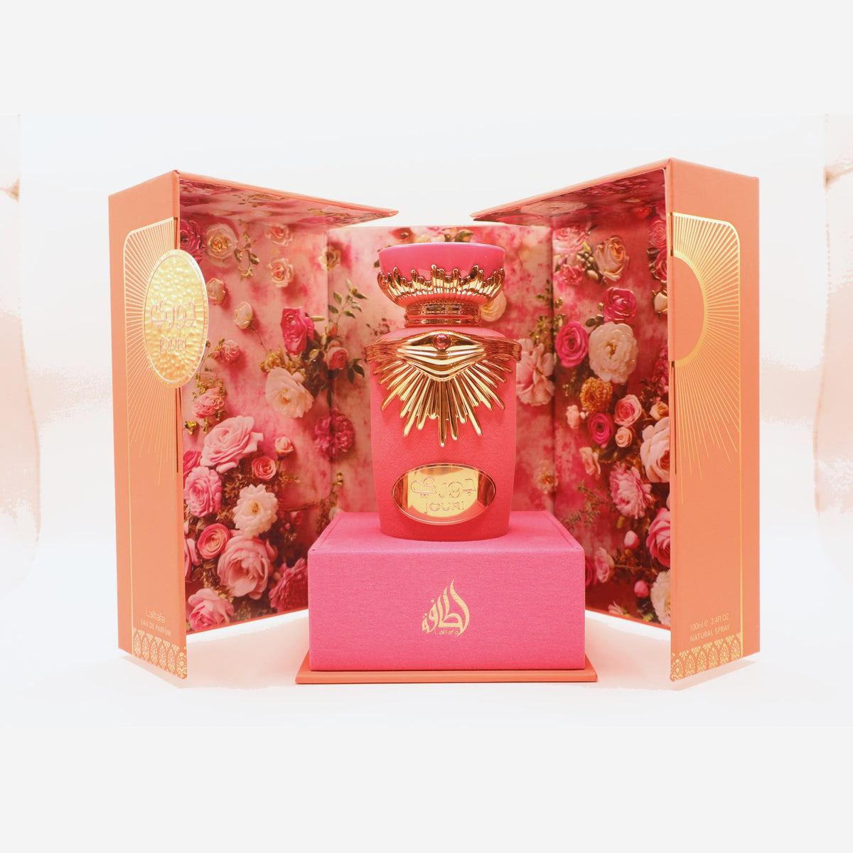 Lattafa Jouri bottle in its open gift box, photographed at the Sheikh Scents shop