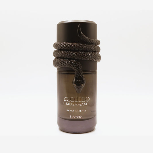 Lattafa Musamam Black Intense bottle, photographed at the Sheikh Scents shop
