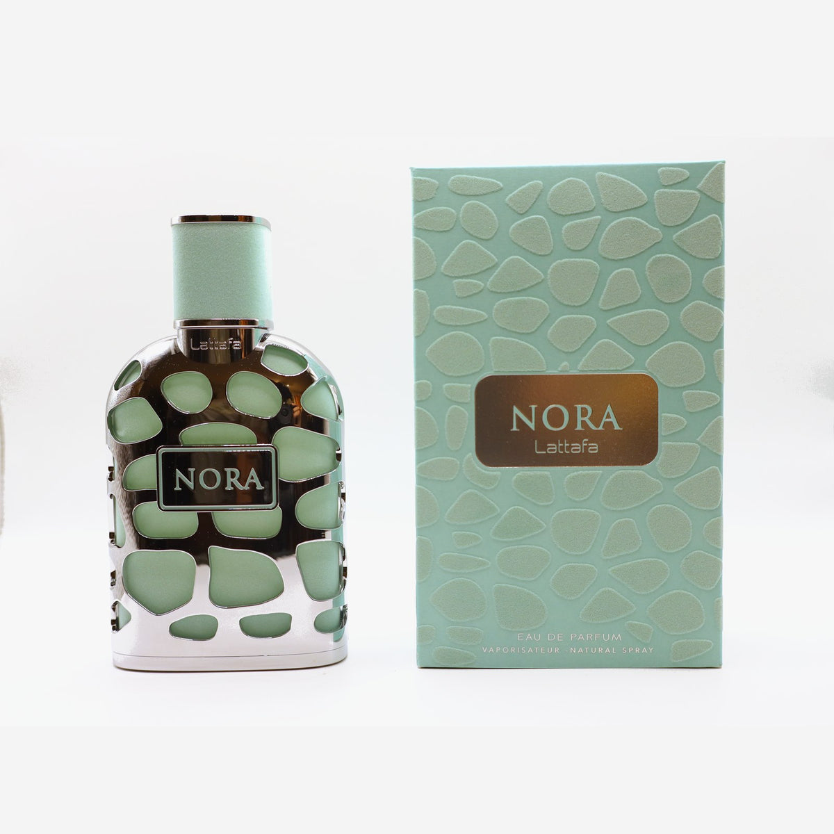 Lattafa Nora bottle and box, photographed at the Sheikh Scents shop