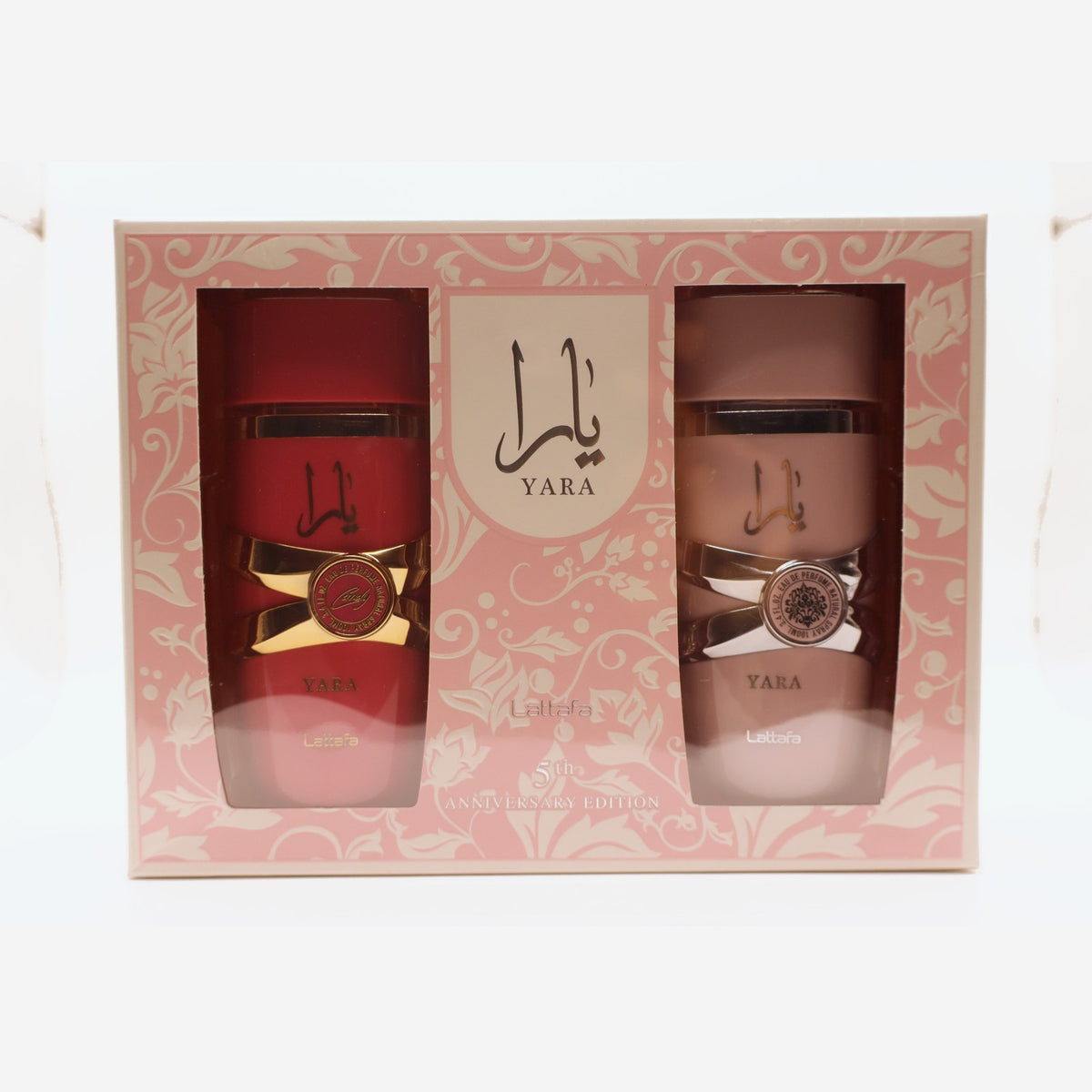 Lattafa Yara 5th Anniversary gift set box, photographed at the Sheikh Scents shop