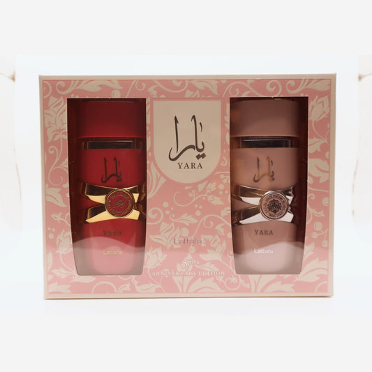 Lattafa Yara 5th Anniversary gift set box, photographed at the Sheikh Scents shop